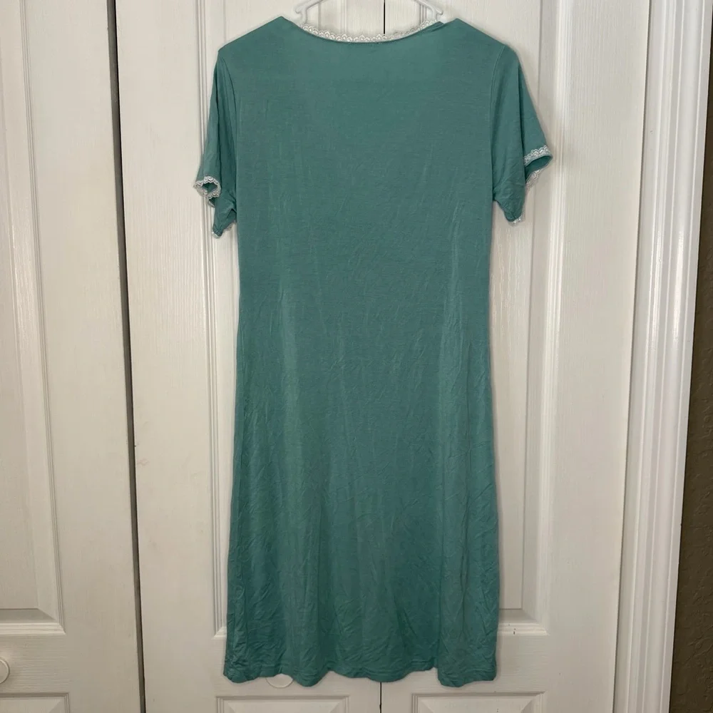 Ekouaer Teal Wrap Style Nightgown Sleep Dress Lace Trim Soft Stretch Small
